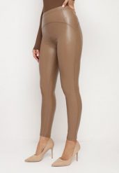 Ciemnobeżowe Legginsy z Ekoskóry z Wysokim Stanem i Polarem Labrine. Brązowe legginsy damskie Born2be, l, bez wzorów, z jeansu. Za 44.99 zł.