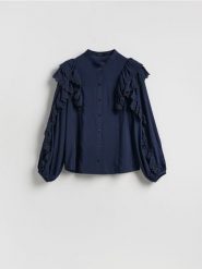 Koszula z falbanami - granatowy. Niebieskie koszule damskie Reserved, l, bez wzorów, z tkaniny, bez kołnierzyka, bez ramiączek. Za 139.99 zł.