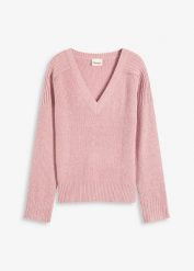 Sweter z dekoltem w serek. Czerwone swetry klasyczne damskie bonprix, bez kołnierzyka. Za 109.99 zł.