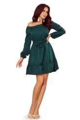 Zielona Zwiewna Kobieca Sukienka z Falbankami. Zielone sukienki damskie Numoco, xl, bez wzorów, z elastanu, wizytowe, bez kołnierzyka, bez ramiączek. Za 245.90 zł.