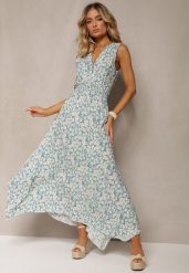 Miętowa Bawełniana Sukienka z Gumką w Pasie Kopertowym Dekoltem w Kwiaty Anelette. Zielone sukienki damskie Renee, na co dzień, m, bez wzorów, z bawełny, eleganckie, bez kołnierzyka, bez ramiączek, maxi, kopertowe. W wyprzedaży za 51.99 zł.