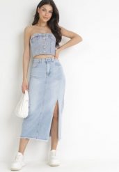 Niebieska Jeansowa Spódnica Maxi z Rozcięciem Lenama. Niebieskie spódniczki damskie Born2be, m, bez wzorów, z jeansu, maxi. Za 119.99 zł.