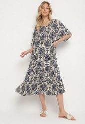 Niebieska Sukienka z Bawełną w Abstrakcyjny Wzór Filindela. Niebieskie sukienki damskie Born2be, na co dzień, l, z aplikacjami, z bawełny, eleganckie, bez kołnierzyka, bez ramiączek, midi. W wyprzedaży za 51.99 zł.