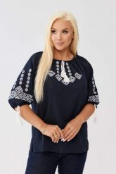 Elegancka granatowa bluzka z haftem - żorżeta OVERSIZE PLUS SIZE WIOSNA LATO. Białe bluzki damskie Moda Size Plus Iwanek, l, bez wzorów, z jeansu, biznesowe, bez kołnierzyka, plus size, bez ramiączek. Za 189.90 zł.