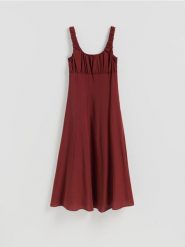 Sukienka midi z lyocellem - mahoniowy. Brązowe sukienki damskie Reserved, l, bez wzorów, z lyocellu, bez kołnierzyka, bez ramiączek, midi, rozkloszowane. Za 159.99 zł.