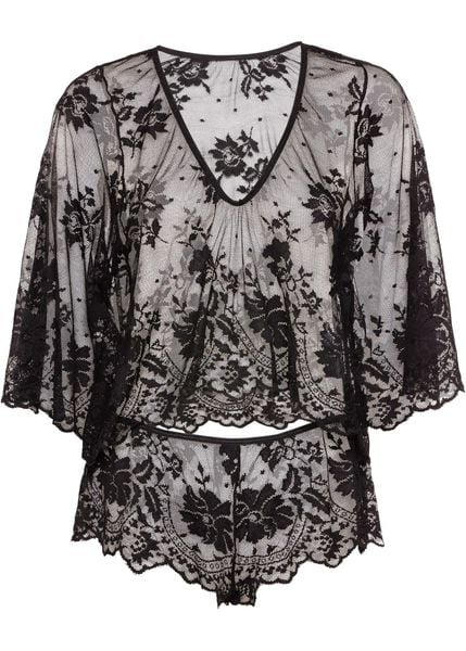 Koszulka z długim rękawem + figi panty (2 części). Czarne figi damskie bonprix, bez wzorów, z koronki. Za 124.99 zł.