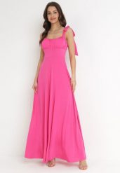 Ciemnoróżowa Rozkloszowana Sukienka Maxi z Wiązanymi Ramiączkami Lisija. Czerwone sukienki damskie Born2be, m, bez wzorów, eleganckie, bez kołnierzyka, bez ramiączek, maxi, rozkloszowane. W wyprzedaży za 127.99 zł.