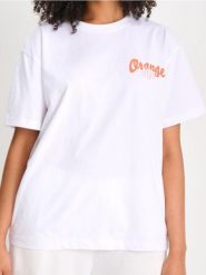 Koszulka oversize z motywem pomarańczy - biały. Białe t-shirty damskie Sinsay, l, bez wzorów, bez kołnierzyka. Za 25.99 zł.