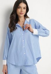 Niebieska Koszula w Paski o Kroju Oversize z Kontrastującymi Wstawkami Menestra. Niebieskie koszule damskie Born2be, l, bez wzorów, z jeansu, eleganckie, bez kołnierzyka, bez ramiączek. Za 99.99 zł.
