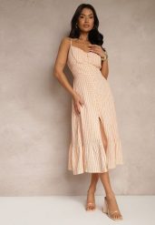 Pomarańczowa Rozkloszowana Sukienka z Wiskozą na Cienkich Ramiączkach z Guzikami Efrisela. Brązowe sukienki damskie Renee, na spacer, l, bez wzorów, z wiskozy, eleganckie, bez kołnierzyka, bez ramiączek, midi, rozkloszowane. W wyprzedaży za 90.99 zł.