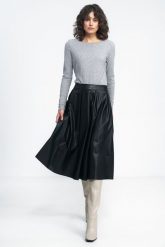 Rozkloszowana Midi Spódnica z Ekologicznej Skóry -. Spódniczki damskie Nife, l, bez wzorów, z materiału, midi, rozkloszowane. Za 229.90 zł.