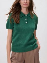 Sweter z kołnierzykiem polo - morski. Zielone swetry klasyczne damskie Reserved, l, z dzianiny, bez kołnierzyka. W wyprzedaży za 79.99 zł.