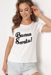 Biały Bawełniany T-shirt z Ozdobnym Napisem z Cyrkonii Tiavalia. Białe t-shirty damskie Born2be, l, bez wzorów, z bawełny, bez kołnierzyka. Za 34.99 zł.