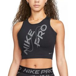 Koszulka Sportowa Damska Nike Pro Dri‑Fit. Czarne bluzki sportowe damskie Nike, bez kołnierzyka, bez ramiączek. Za 154.00 zł.
