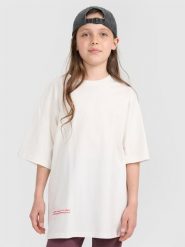 4F T-shirt oversize z nadrukiem dziewczęcy - biały 152 (11-12 lat). Białe koszulki dziewczęce 4f, bez wzorów, z bawełny, bez ramiączek. W wyprzedaży za 39.99 zł.