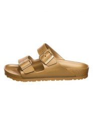 Birkenstock Klapki "Arizona" w kolorze złotym rozmiar: 39. Żółte klapki damskie Birkenstock, bez wzorów, bez obcasa. Za 214.95 zł.