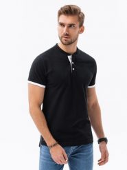 T-shirt męski polo bez kołnierzyka - czarny V8 - Rozmiar: M. Czarne koszulki polo męskie Ombre Clothing, m, bez wzorów, bez ramiączek. W wyprzedaży za 19.99 zł.