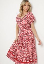 Czerwona Bawełniana Sukienka Rozkloszowana we Wzór Paisley Lanadira. Czerwone sukienki damskie Born2be, l, bez wzorów, z bawełny, boho, bez kołnierzyka, bez ramiączek, midi, rozkloszowane. W wyprzedaży za 51.99 zł.