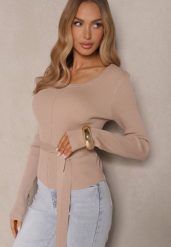 Beżowy Wiskozowy Sweter Wiązany w Talii z Asymetrycznym Dekoltem Kornelita. Brązowe swetry klasyczne damskie Renee, m, z jeansu, z asymetrycznym kołnierzem. Za 74.99 zł.
