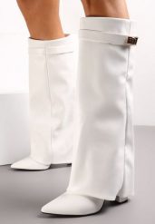 Białe Kozaki na Słupku z Wywiniętą Cholewką i Noskiem w Szpic Selvaggia. Białe kozaki damskie Renee, z materiału, ze szpiczastym noskiem, bez obcasa, na obcasie. Za 169.99 zł.