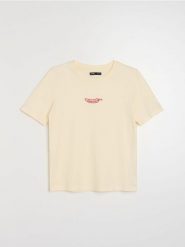 Bawełniana koszulka z haftowanym napisem - żółty. Żółte t-shirty damskie Sinsay, l, bez wzorów, z bawełny, bez kołnierzyka. Za 19.99 zł.