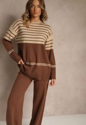 Brązowy Komplet z Dzianiny z Wełną Pasiasty Sweter i Spodnie Ralleia. Brązowe spodnie materiałowe damskie Renee, bez wzorów, z dzianiny. Za 149.99 zł.