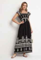 Czarna Sukienka z Wiskozy o Rozkloszowanym Kroju w Ornamentalny Wzór Lisolira. Czarne sukienki damskie Born2be, na co dzień, na lato, l, bez wzorów, z wiskozy, eleganckie, bez kołnierzyka, bez ramiączek, maxi, rozkloszowane. W wyprzedaży za 71.99 zł.