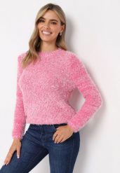 Ciemnoróżowy Puchaty Sweter z Długim Rękawem i Okrągłym Dekoltem Elinmes. Czerwone swetry klasyczne damskie Born2be, z tkaniny, bez kołnierzyka. Za 64.99 zł.