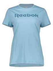 Reebok Koszulka w kolorze błękitnym rozmiar: L. Niebieskie bluzki damskie Reebok, l, bez wzorów, z bawełny, bez kołnierzyka, bez ramiączek. Za 61.46 zł.