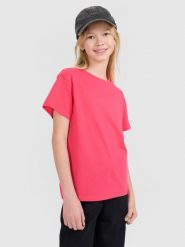 4F T-shirt oversize gładki dziewczęcy - różowy 152 (11-12 lat). Czerwone koszulki dziewczęce 4f, bez wzorów, z bawełny, bez ramiączek. Za 29.99 zł.