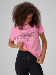 4F T-shirt regular z nadrukiem damski - różowy M. Czerwone t-shirty damskie 4f, m, bez wzorów, z bawełny, bez kołnierzyka. Za 59.99 zł.