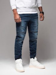 Męskie spodnie jeansowe joggery z przetarciami i zamkami – ciemnoniebieskie V1 OM-PADJ-0243 - XXL. Niebieskie spodnie materiałowe męskie Ombre Clothing, bez wzorów, z bawełny, klasyczne. Za 161.99 zł.