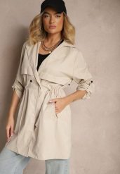 Beżowa Kurtka w Stylu Parki z Troczkiem w Talii i Wywiniętym Kołnierzykiem Vetaipa. Brązowe kurtki damskie Renee, l, bez wzorów, z jeansu. Za 169.99 zł.