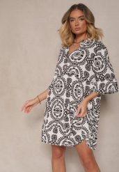 Biało-Czarna Sukienka z Bawełny o Rozkloszowanym Kroju Ozdobiona Guzikami Janivra. Czarne sukienki damskie Renee, m, bez wzorów, z bawełny, eleganckie, bez kołnierzyka, bez ramiączek, mini, kopertowe. W wyprzedaży za 51.99 zł.