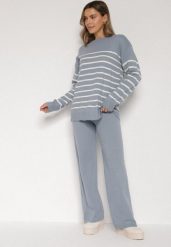Niebieski Komplet z Wełną i Bawełną Sweter w Paski i Szerokie Spodnie Neveena. Niebieskie spodnie materiałowe damskie Born2be, bez wzorów, z bawełny, eleganckie. Za 139.99 zł.