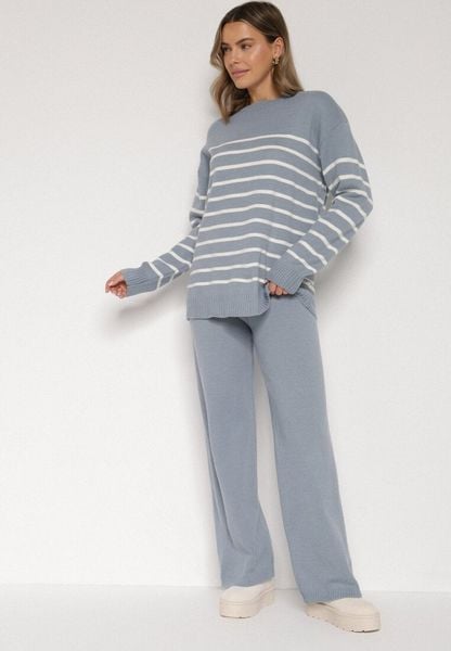 Niebieski Komplet z Wełną i Bawełną Sweter w Paski i Szerokie Spodnie Neveena. Niebieskie spodnie materiałowe damskie Born2be, bez wzorów, z bawełny, eleganckie. Za 139.99 zł.