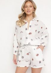 Biały Komplet z Wiskozą Koszula i Szorty z Motywem Morskim Reivienne. Białe koszule damskie Born2be, z aplikacjami, z wiskozy, eleganckie. Za 159.99 zł.
