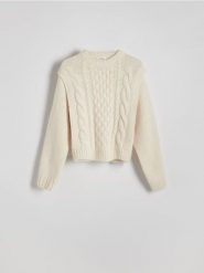 Sweter z wełną - złamana biel. Swetry klasyczne damskie Reserved, l, z dzianiny, bez kołnierzyka. W wyprzedaży za 199.99 zł.