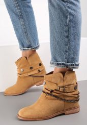 Brązowe Botki Liani. Brązowe botki damskie Renee, z jeansu, bez obcasa, na koturnie, bez zapięcia. Za 34.99 zł.