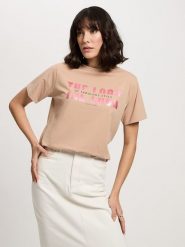Cross Jeans Koszulka w kolorze beżowym rozmiar: L. Brązowe bluzki damskie Cross Jeans, l, bez wzorów, z jeansu, bez kołnierzyka, bez ramiączek. Za 57.06 zł.