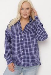 Granatowa Bawełniana Koszula z Długim Rękawem i Trójkątnym Dekoltem Zapinana na Guziki Tesapaula. Niebieskie koszule damskie Born2be, plus size, bez wzorów, z bawełny, eleganckie, bez kołnierzyka, plus size, bez ramiączek. Za 89.99 zł.