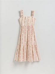 Bawełniana sukienka midi - wielobarwny. Sukienki damskie Reserved, l, bez wzorów, z bawełny, bez kołnierzyka, bez ramiączek, midi, rozkloszowane. Za 199.99 zł.