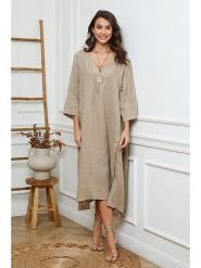 Joséfine Lniana sukienka w kolorze beżowym rozmiar: L. Brązowe sukienki damskie Joséfine, na co dzień, l, bez wzorów, ze lnu, z asymetrycznym kołnierzem, bez ramiączek, maxi, asymetryczne. Za 217.99 zł.