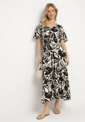 Czarna Rozkloszowana Sukienka z Wiskozy w Roślinny Wzór Ridiata. Czarne sukienki damskie Born2be, na co dzień, l, bez wzorów, z wiskozy, eleganckie, bez kołnierzyka, bez ramiączek, maxi, proste. W wyprzedaży za 63.99 zł.