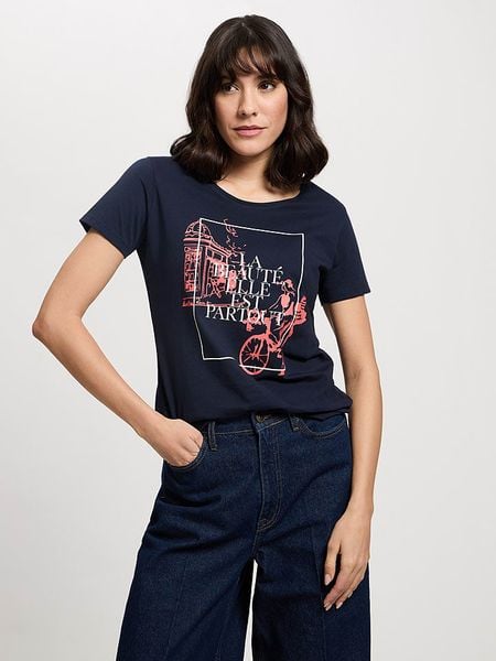 Cross Jeans Koszulka w kolorze granatowym rozmiar: XL. Niebieskie bluzki damskie Cross Jeans, xl, bez wzorów, z bawełny, bez kołnierzyka, bez ramiączek. Za 56.79 zł.