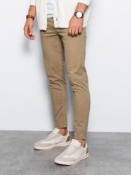 Spodnie męskie chinosy SLIM FIT - beżowe V27 - Rozmiar: M. Brązowe spodnie materiałowe męskie Ombre Clothing, bez wzorów, z bawełny. W wyprzedaży za 69.99 zł.