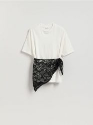 T-shirt z koronkową bandaną - złamana biel. T-shirty damskie Reserved, l, bez wzorów, z bawełny, bez kołnierzyka. Za 79.99 zł.