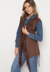 Brązowa Kamizelka w Stylu Boho z Frędzlami i Gorsetowymi Wiązaniami Salenorra. Brązowe kamizelki damskie Born2be, m, z jeansu. Za 159.99 zł.