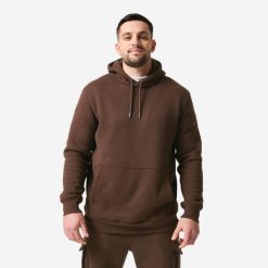 Bluza z kapturem męska Domyos fitness. Brązowe bluzy sportowe męskie DOMYOS, na zimę, bez wzorów, z bawełny, eleganckie, bez kołnierzyka, bez ramiączek. Za 129.99 zł.