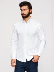 Klasyczna męska koszula SLIM FIT z tkaniny satynowej – biała V1 - Rozmiar: M. Białe koszule męskie Ombre Clothing, m, bez wzorów, z bawełny, bez kołnierzyka, bez ramiączek. Za 289.99 zł.
